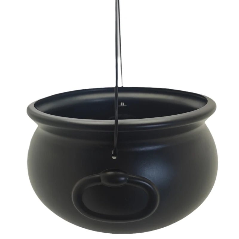 Black cauldron candy bucket with front carry loop and hanging loops, open top