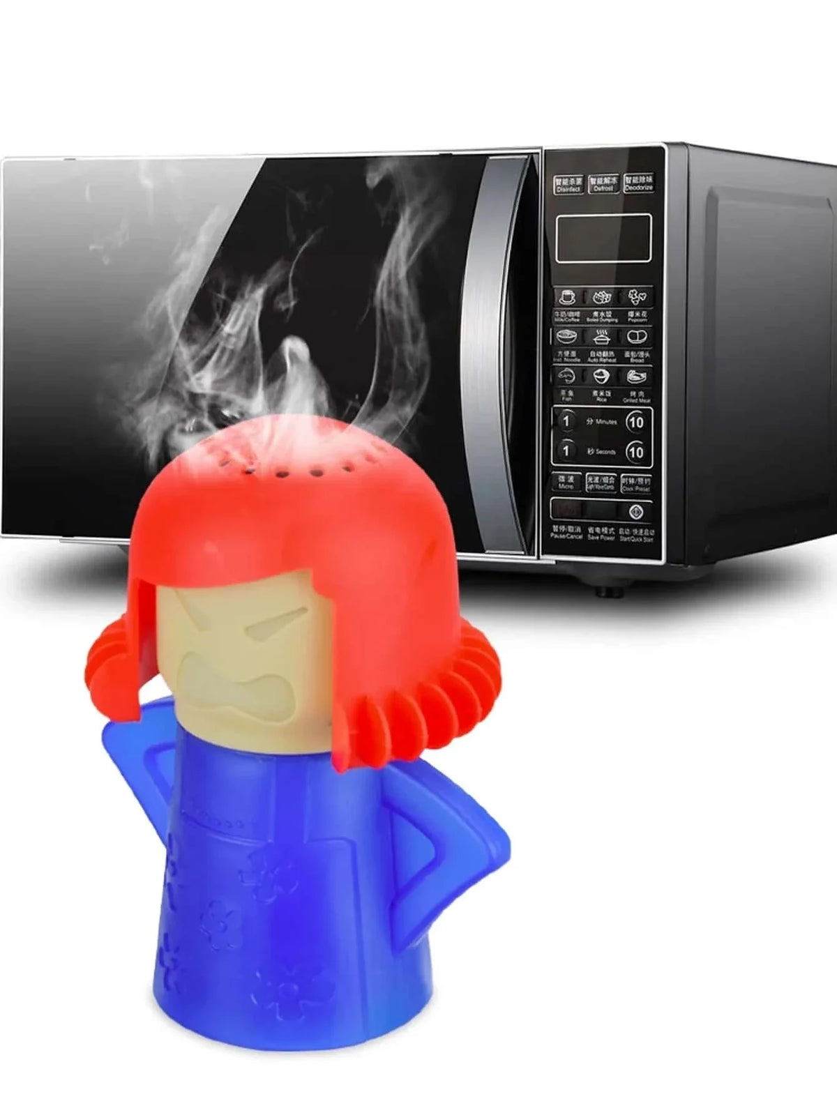 Microwave steam cleaner with red hood and blue base, steam-ready design.