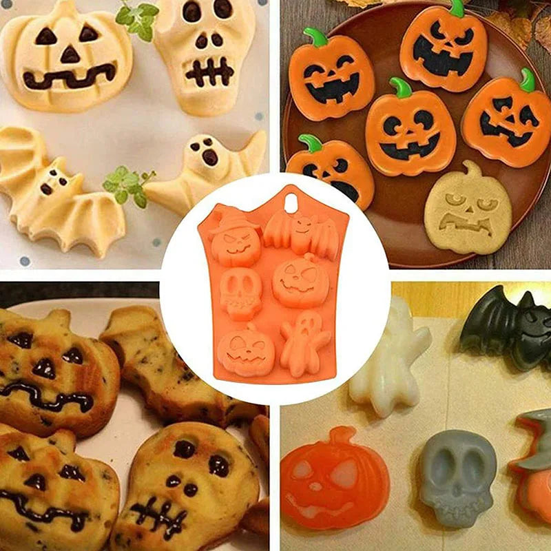 Silicone Halloween mold with pumpkin, skull, bat, and ghost shaped cavities