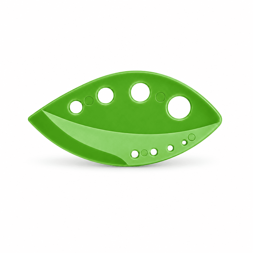 Green 8-hole herb leaf stripper with curved cutting blade and oval shape