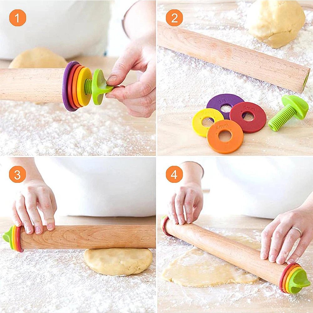 Beech rolling pin with removable thickness rings, rings shown in close detail