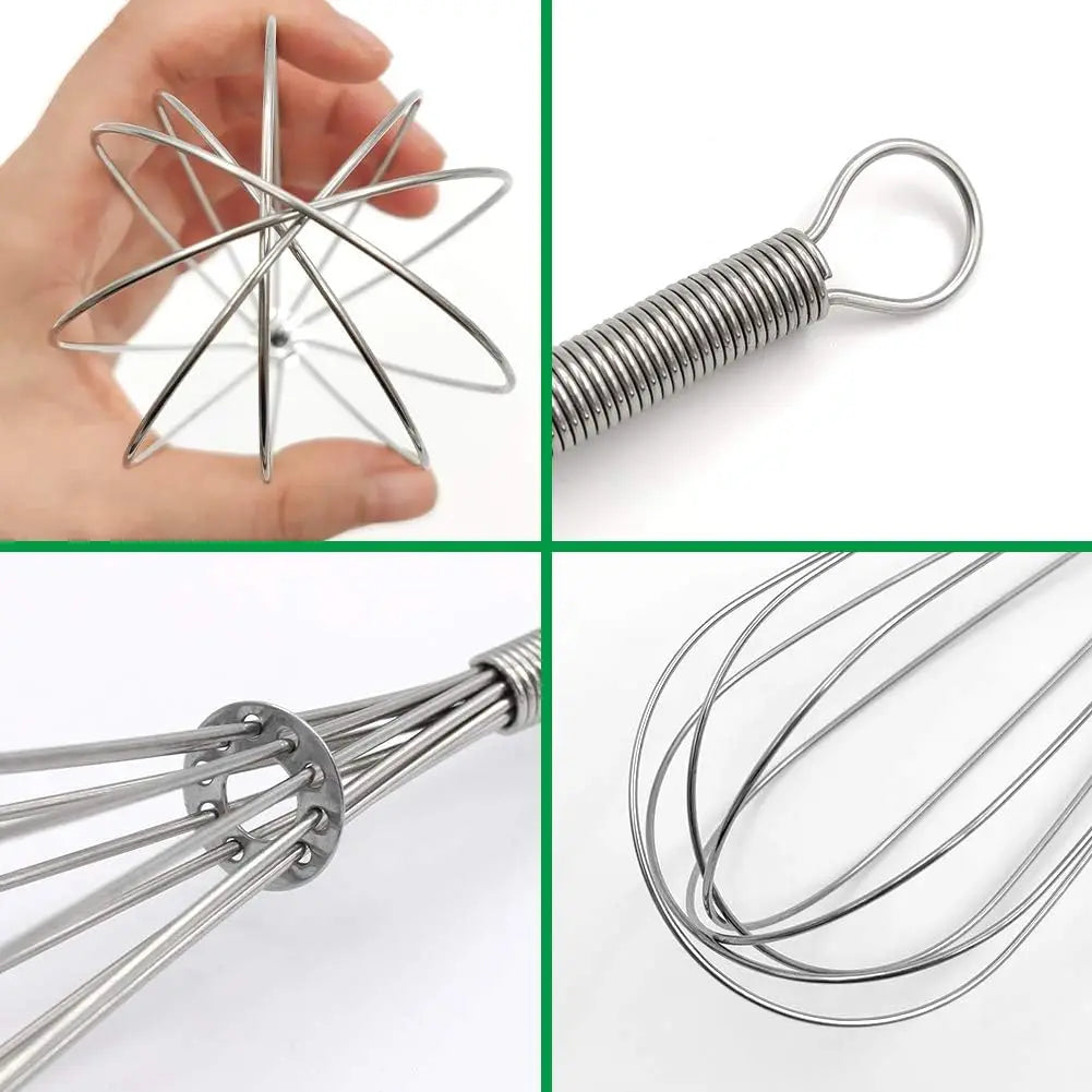 Stainless steel balloon whisk set detail, wire head and coil handle close-up