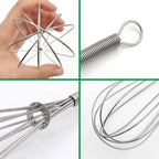Stainless steel balloon whisk set detail, wire head and coil handle close-up