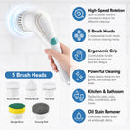 Electric spin scrubber with ergonomic grip and five brush heads, white design