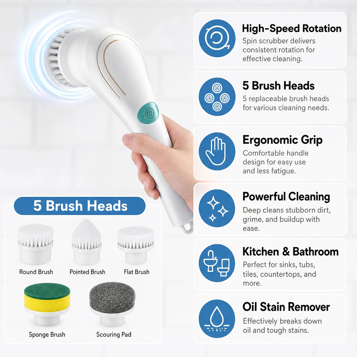 Electric spin scrubber with ergonomic grip and five brush heads, white design