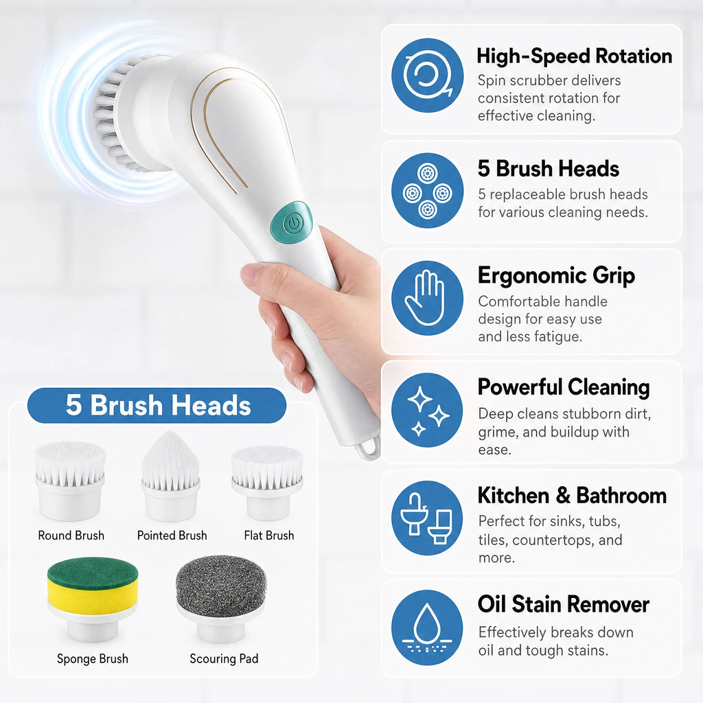 Electric spin scrubber with green button and five brush heads, white ergonomic handle