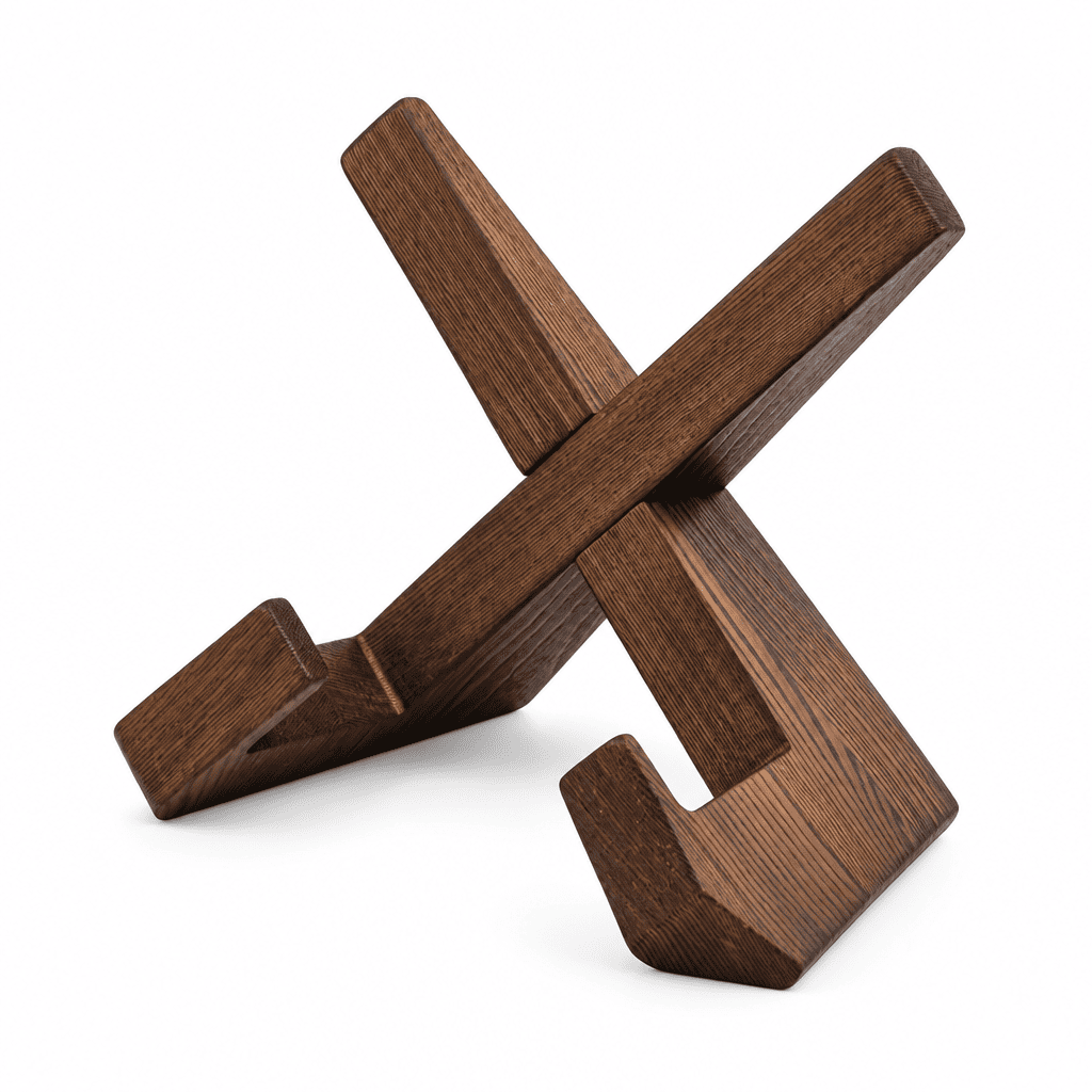 Wooden interlocking cross cookbook stand, angled view with centered cutout slot