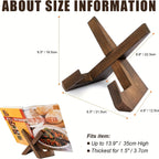 Wooden interlocking cross cookbook stand with size diagram and height fit details