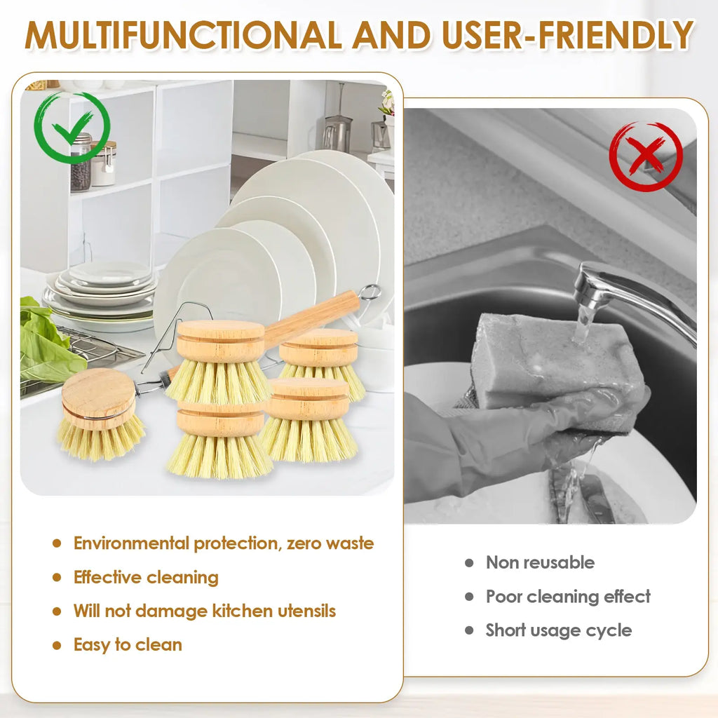 Wooden dish scrub brush set with replaceable heads and yellow bristles for kitchen cleaning