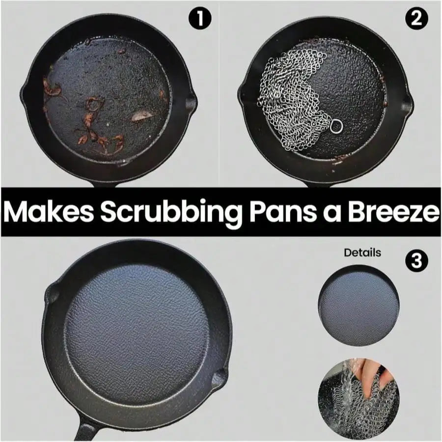 Round cast iron skillet with dark, seasoned cooking surface