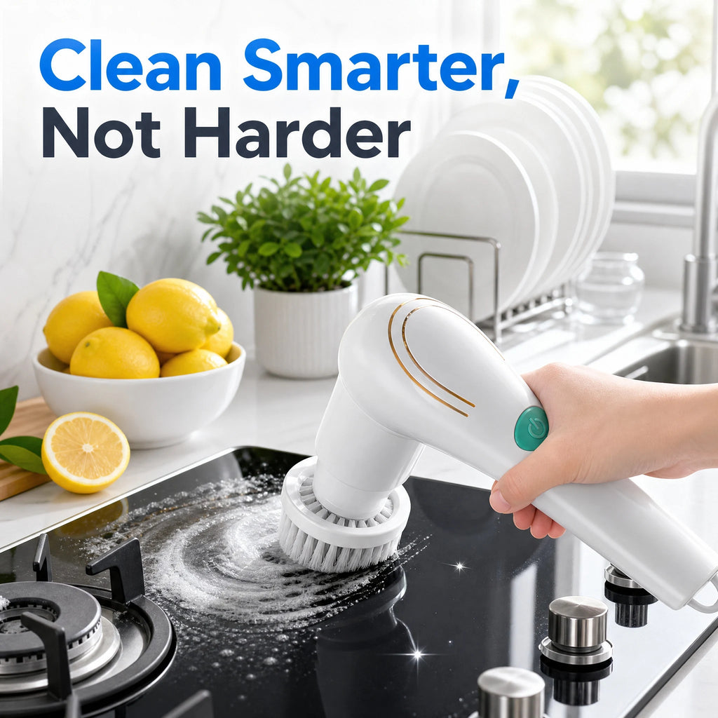 Handheld electric spin scrubber with rotating round brush, held in hand on dark surface