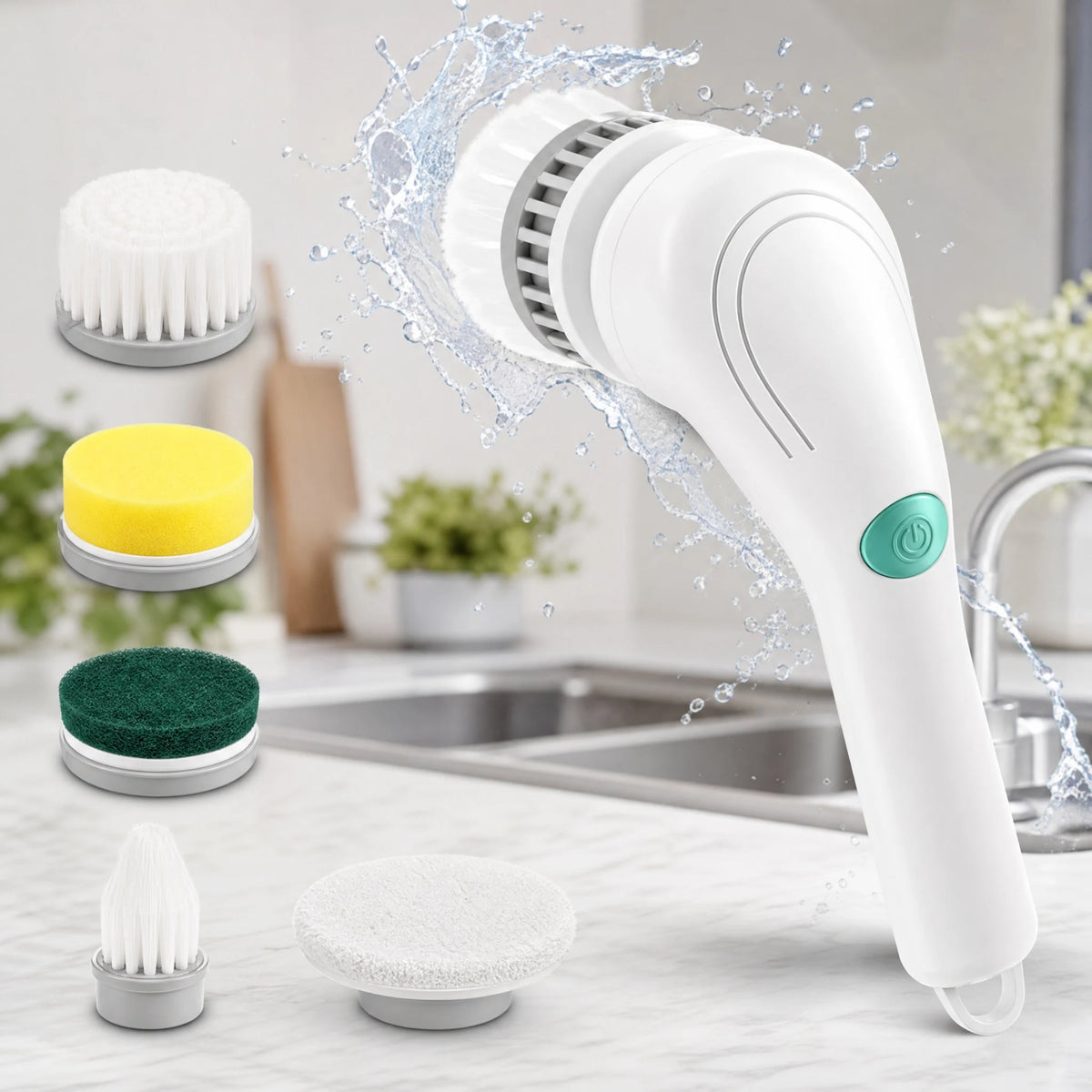 Handheld electric spin scrubber with rotating brush head, shown with spare heads