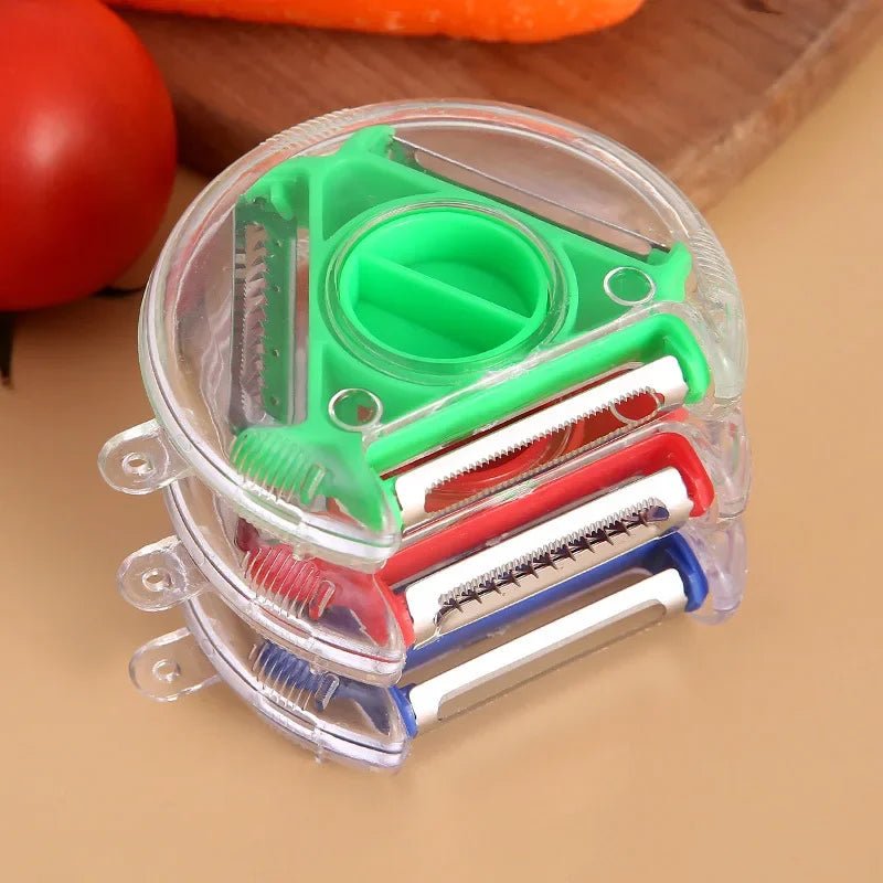 3-in-1 rotary vegetable peeler with interchangeable stainless blades in green housing