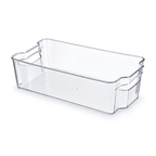 Clear plastic deep storage organizer bin with built-in side handles, open top.