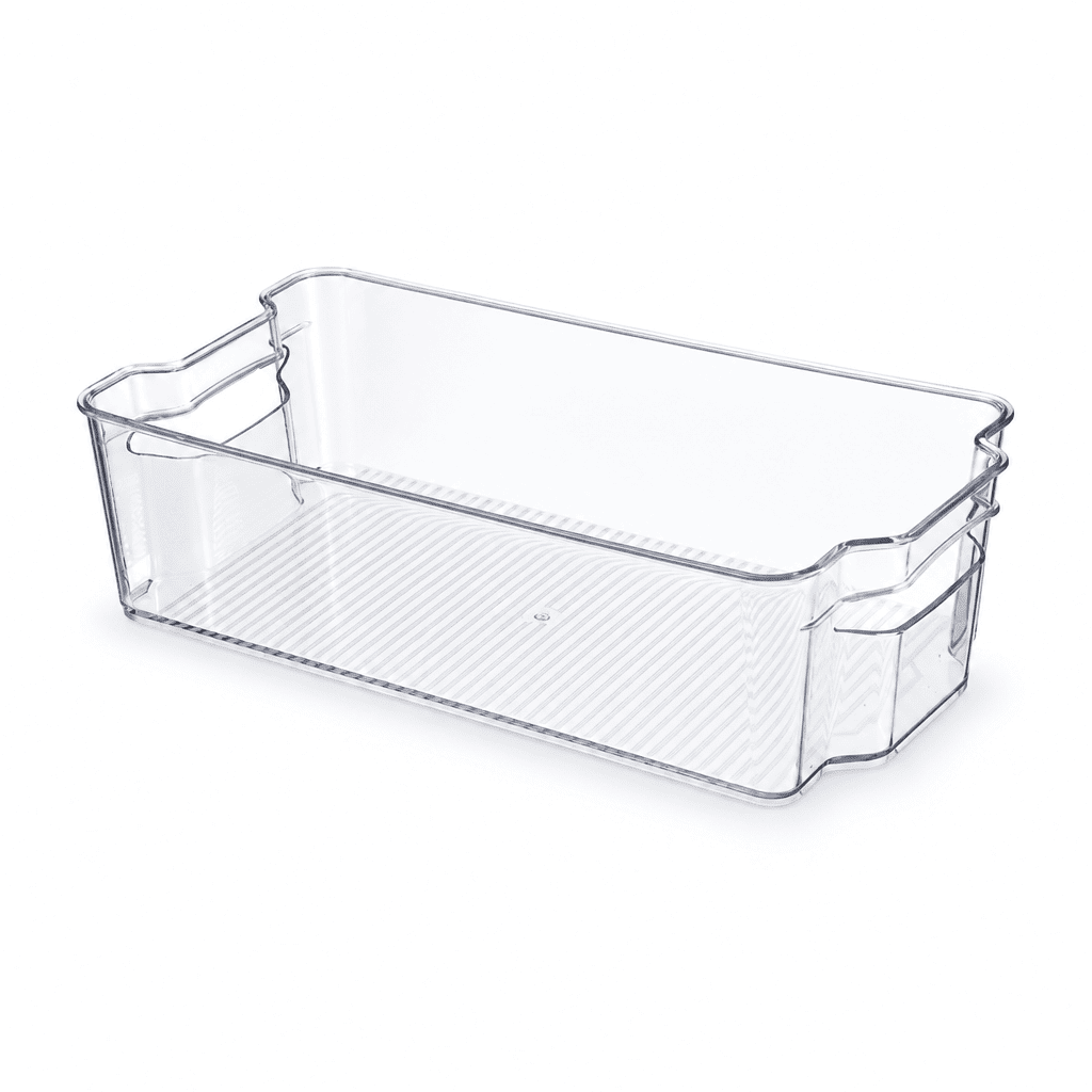 Clear plastic deep storage organizer bin with built-in side handles, open top.
