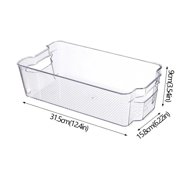 Clear stackable organizer bin with built-in handles; size diagram (31.5 x 15.8 cm)