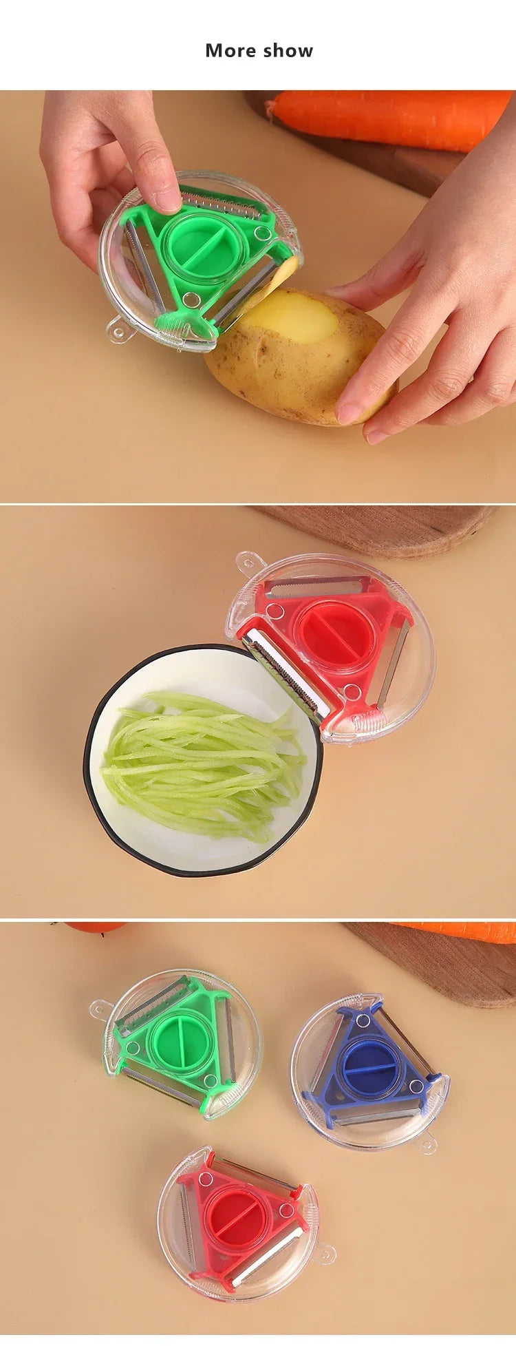 Rotary vegetable peeler set with green, blue, and red blade covers over vegetables