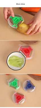 Rotary vegetable peeler set with green, blue, and red blade covers over vegetables