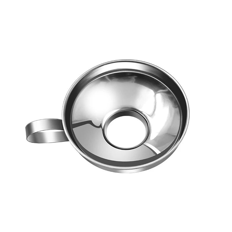 Stainless steel canning funnel viewed from above, round opening and side handle