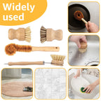 Dish scrub brush set with wooden handles and natural bristle heads