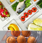 Clear stackable refrigerator organizer bins holding fish, tomatoes, and leafy greens