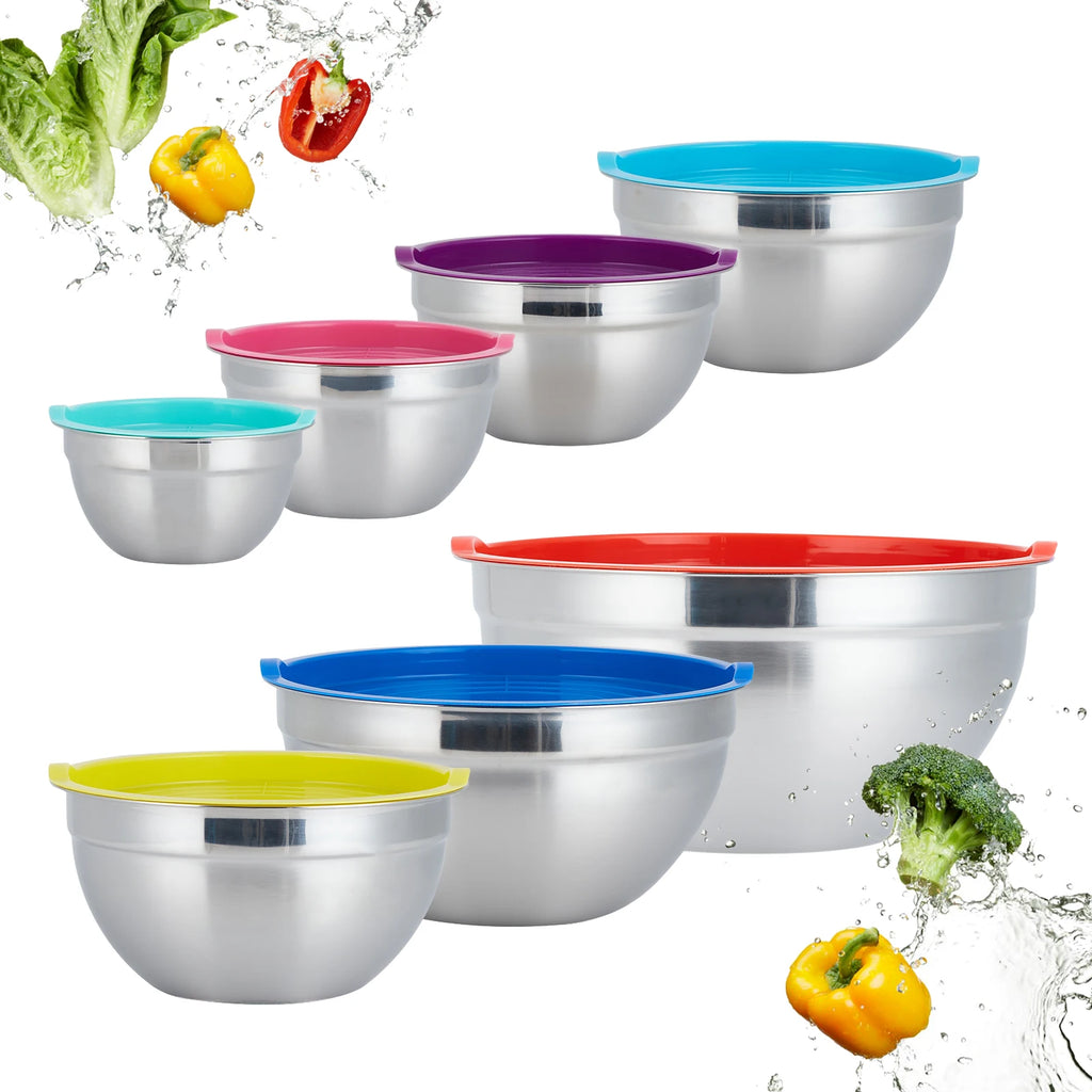 Stainless steel nesting mixing bowls set with colorful airtight lids, stacked together.
