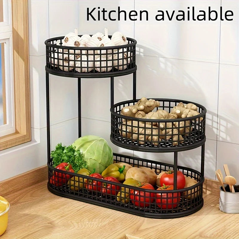 Black multi-tier round fruit and vegetable display rack with three baskets