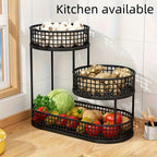 Black multi-tier round fruit and vegetable display rack with three baskets