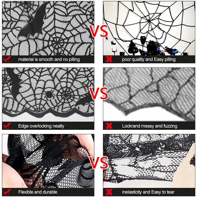 Black lace tablecloth edge and weave detail with bat skull web pattern in collage