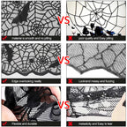 Black lace tablecloth texture detail with bat skull web pattern in collage