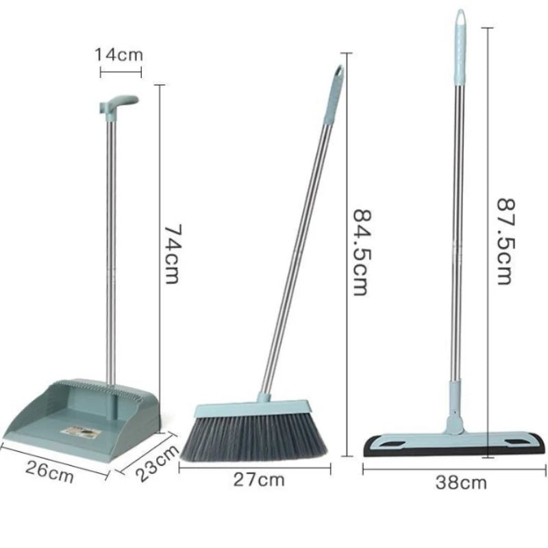 Household broom and dustpan set diagram showing handle lengths and broom heads