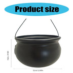Black cauldron candy bucket with hanging loops; product size diagram