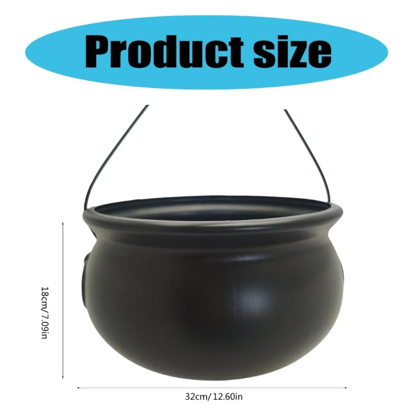 Black cauldron candy bucket with hanging loops; product size diagram