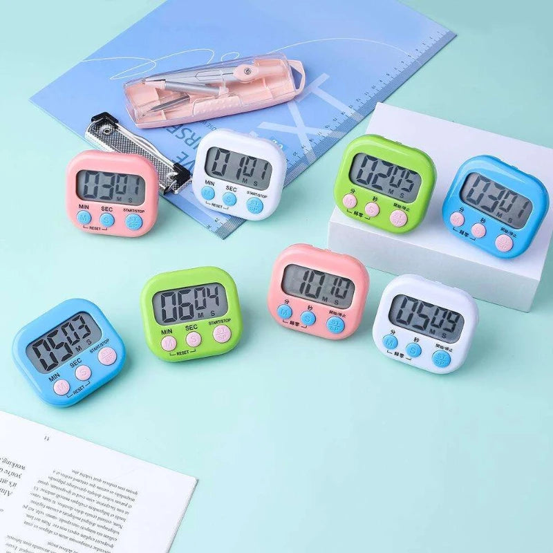 Assorted color digital kitchen timers with large LCD displays and reset/start/stop buttons