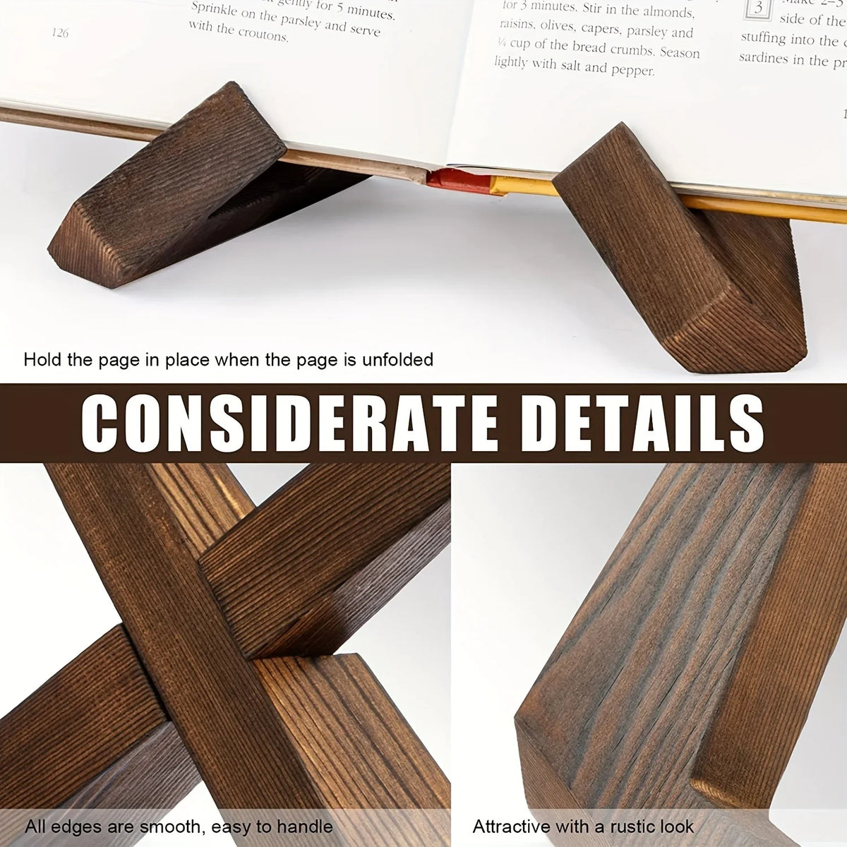 Wooden interlocking cross stand with smooth edges for holding an unfolded page