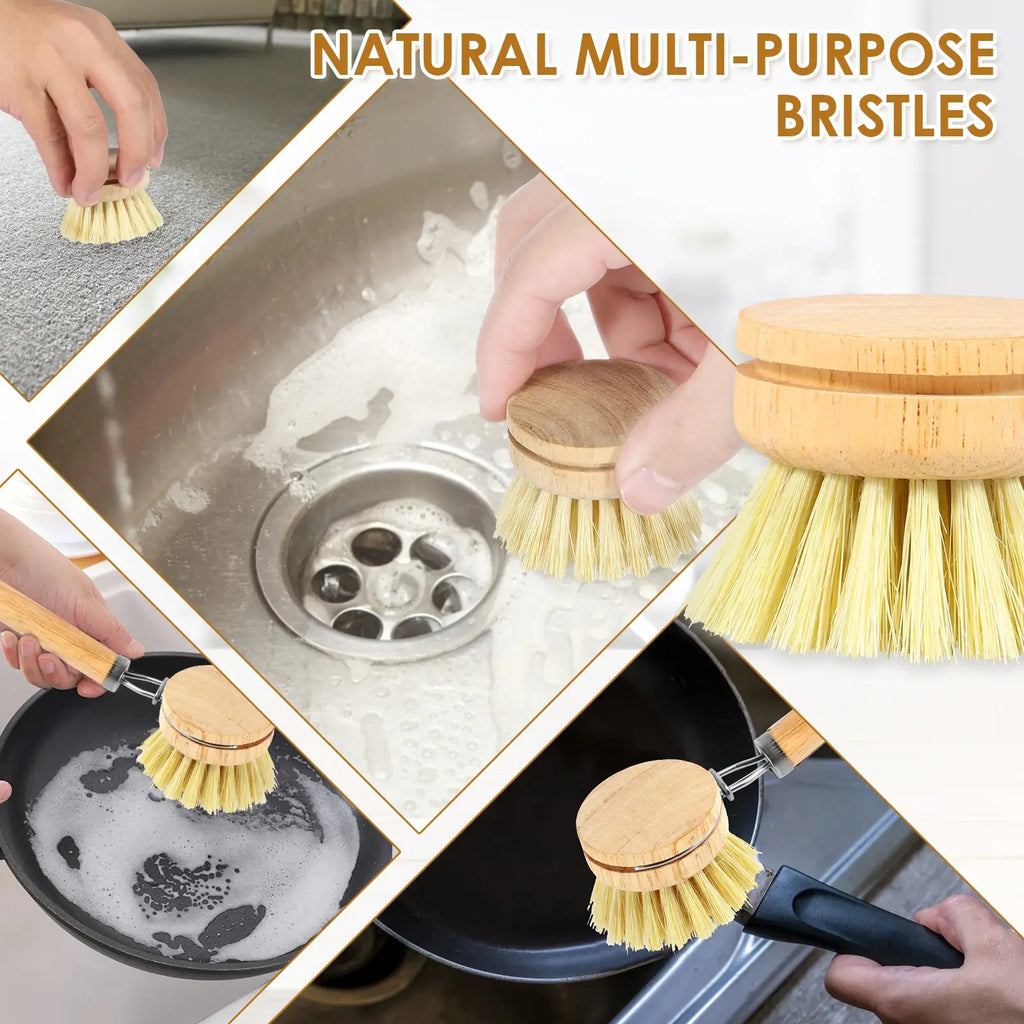 Wooden dish scrub brush with natural yellow bristles; hand scrubs a sink surface