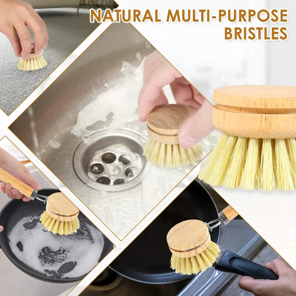 Wooden dish scrub brush with natural yellow bristles; hand scrubs a sink surface