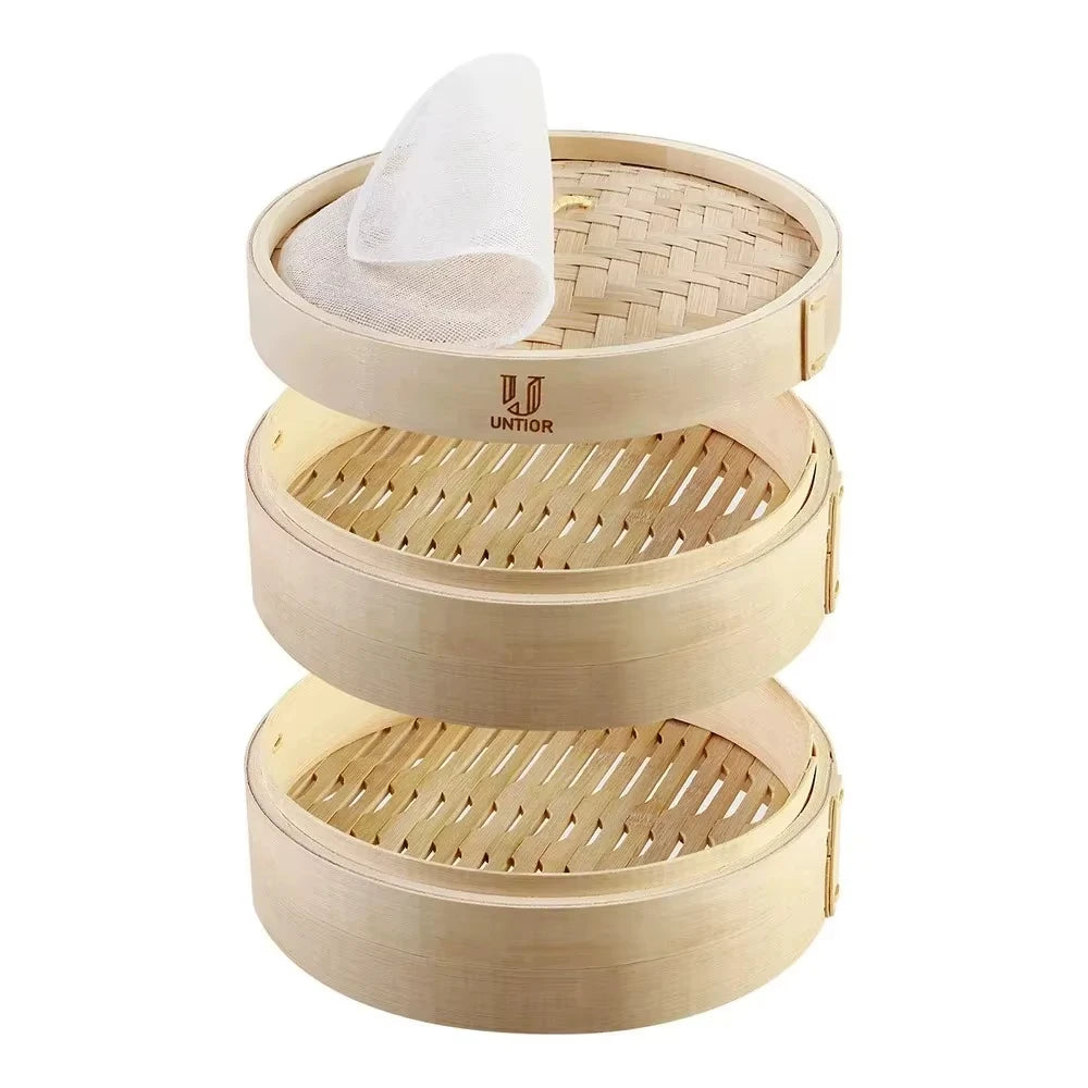 Three-tier bamboo steamer basket with lid, woven tiers, cloth liner, UNTlOR