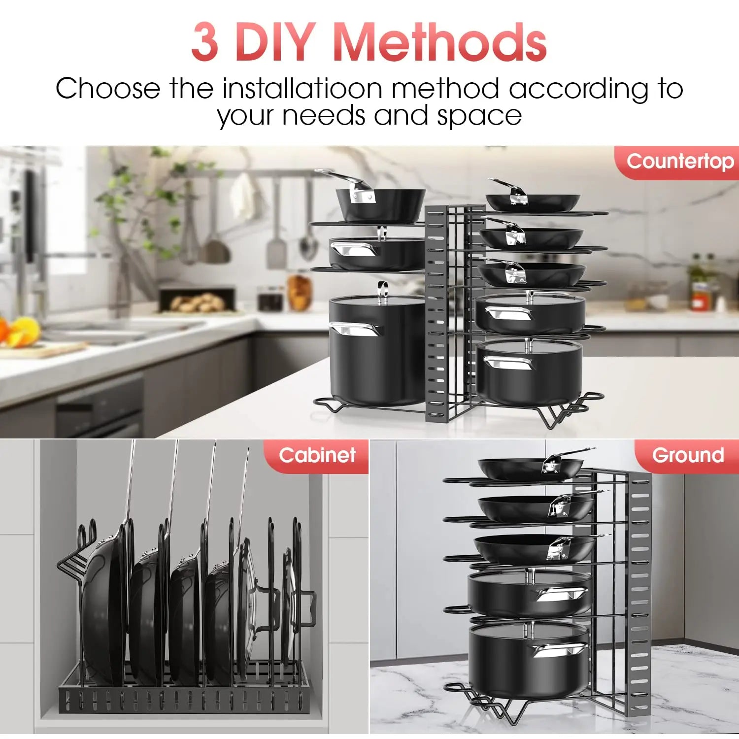 Pot Rack Organizer - 8-Tier Adjustable Pots & Pans Holder
