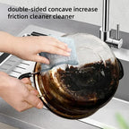 Non-scratch steel wire cleaning cloth in hands, scrubbing a pan on a counter