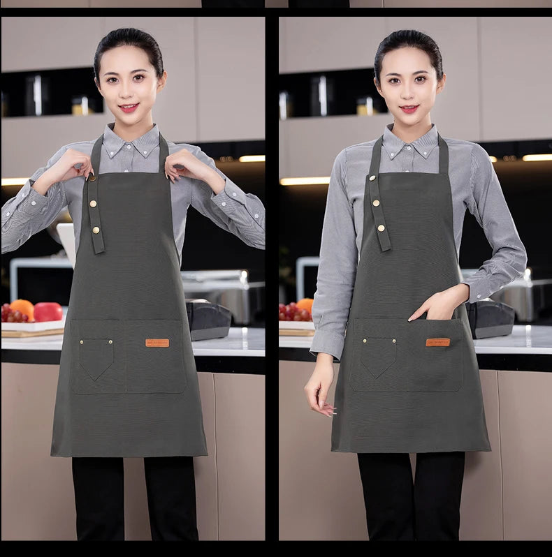 Gray canvas chef apron with neck tie, button placket, and front pocket