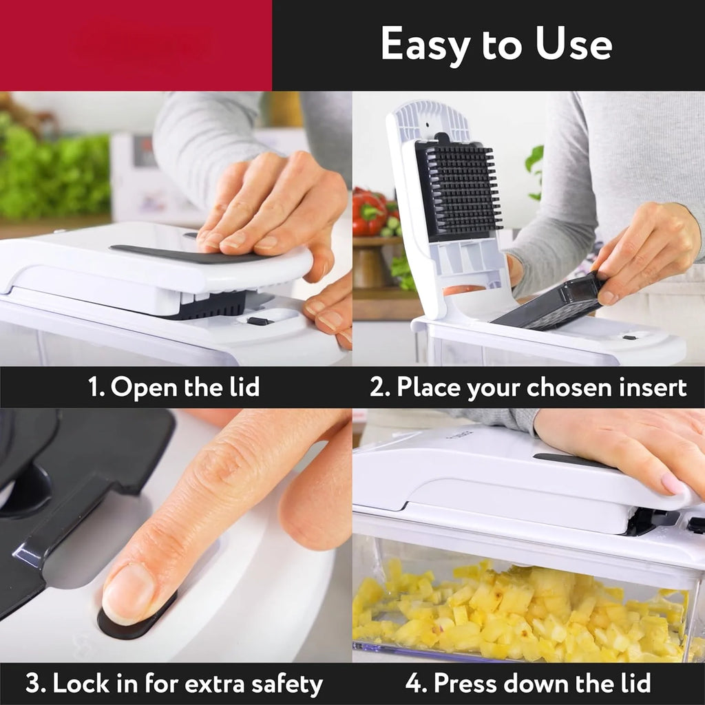 Vegetable chopper with open lid, blade insert, and locking press-down mechanism