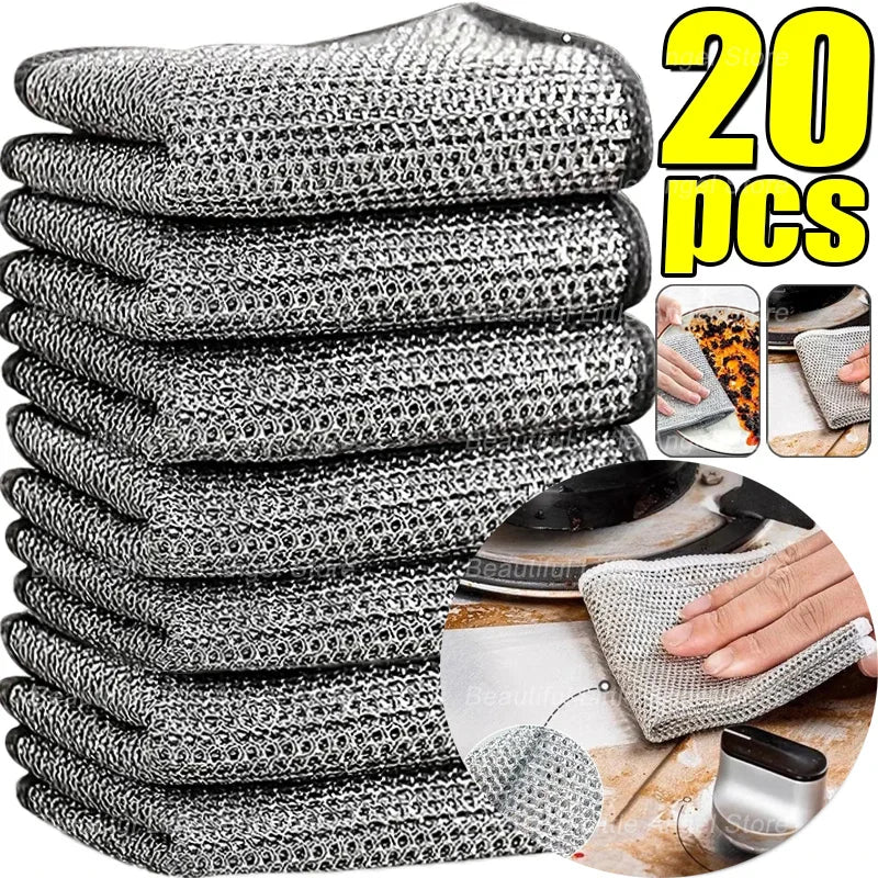 Non-scratch steel wire cleaning cloth set, 20 pcs, gray-silver square cloths stack