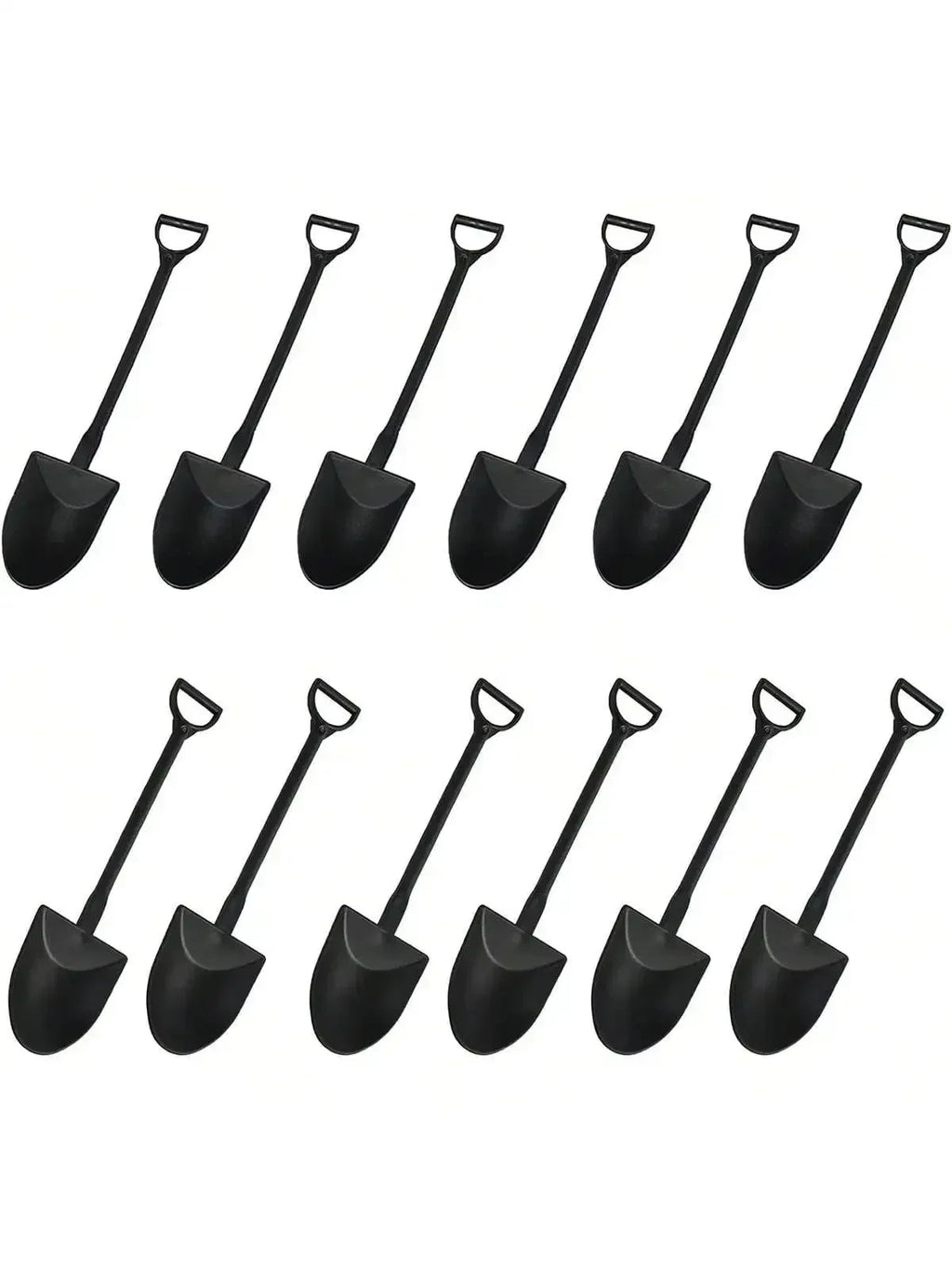 Black shovel-shaped cupcake topper picks with curved scoop heads on sticks