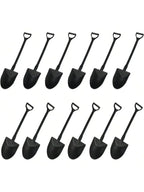 Black shovel-shaped cupcake topper picks with curved scoop heads on sticks