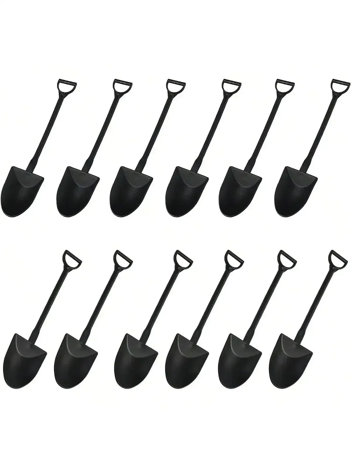 Black shovel-shaped cupcake topper picks with curved scoop heads on sticks