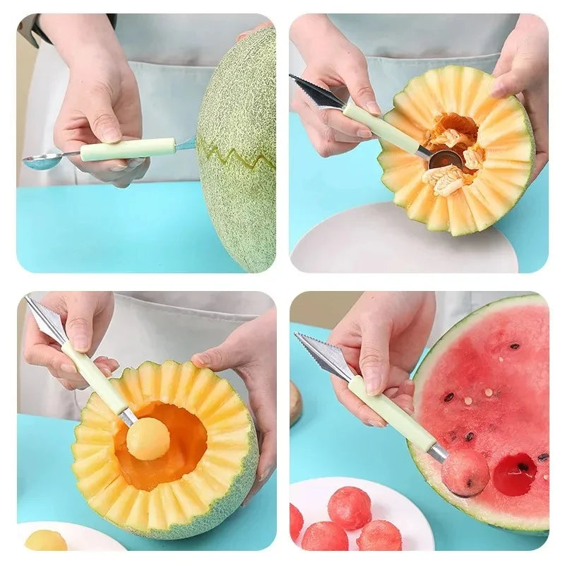 Fruit carving tool with mint handle, dual scoop end shaping fruit on cutting surface