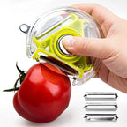 3-in-1 rotary vegetable peeler in yellow, trimming a tomato with rotating blade head