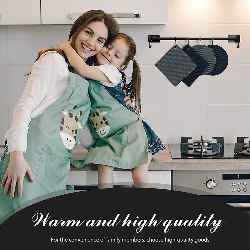Hanging black silicone trivet mats with honeycomb texture, square and round shapes
