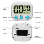 White digital kitchen timer diagram: large LCD, buttons, hanging hook, magnet, stand, battery compartment